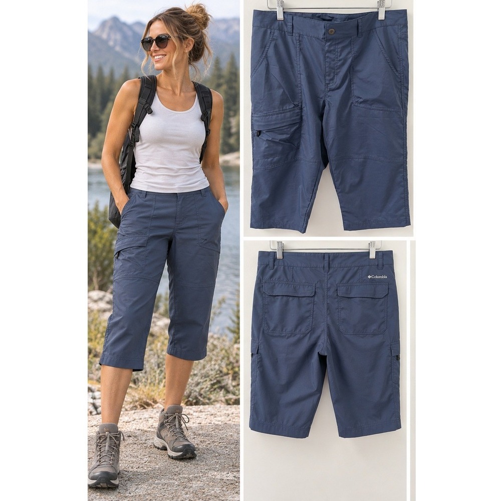 Columbia Cargo Capri Pants Size 12 Navy Blue Hiking Omni-Shield Utility Gorpcore